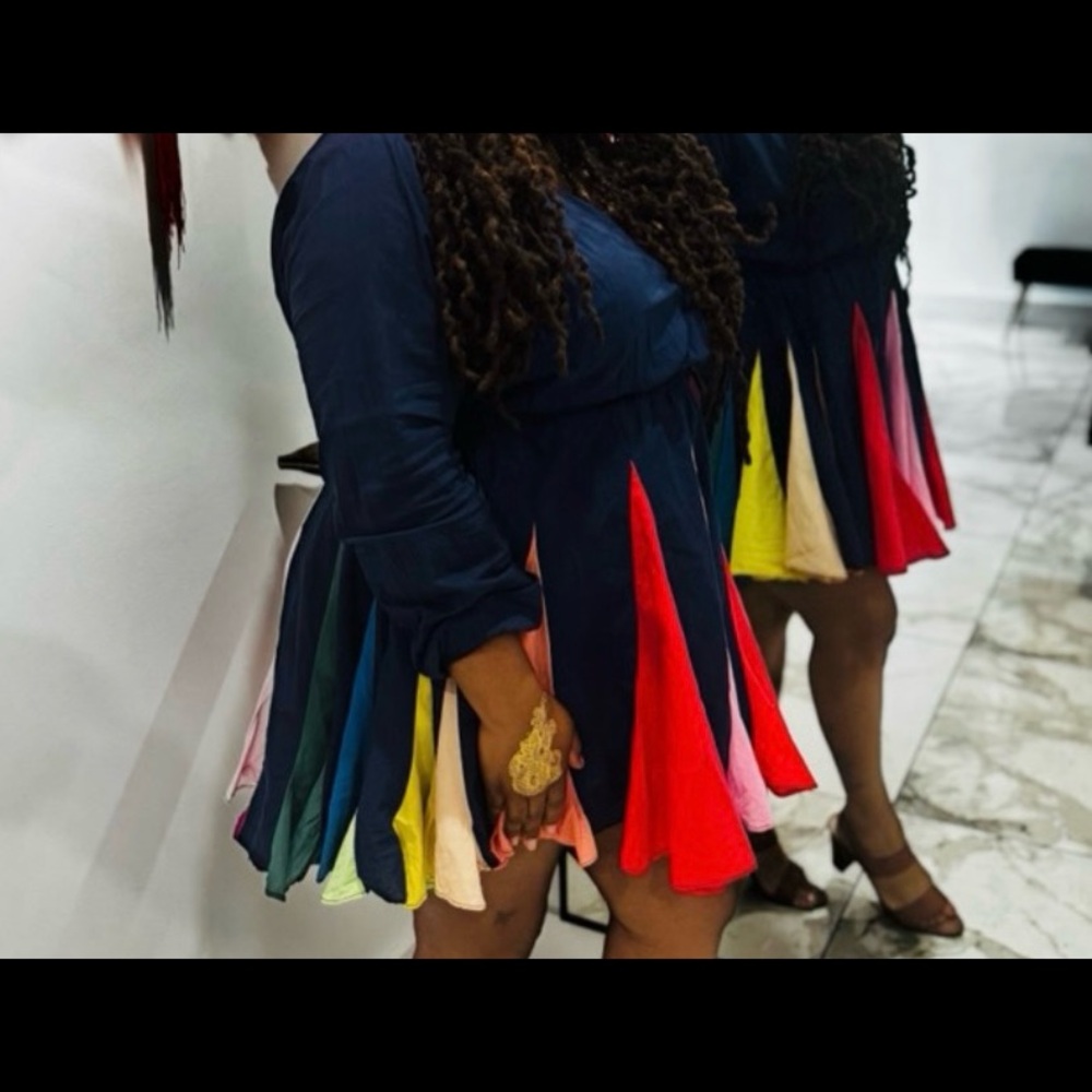 Navy Rainbow Pleated Dress